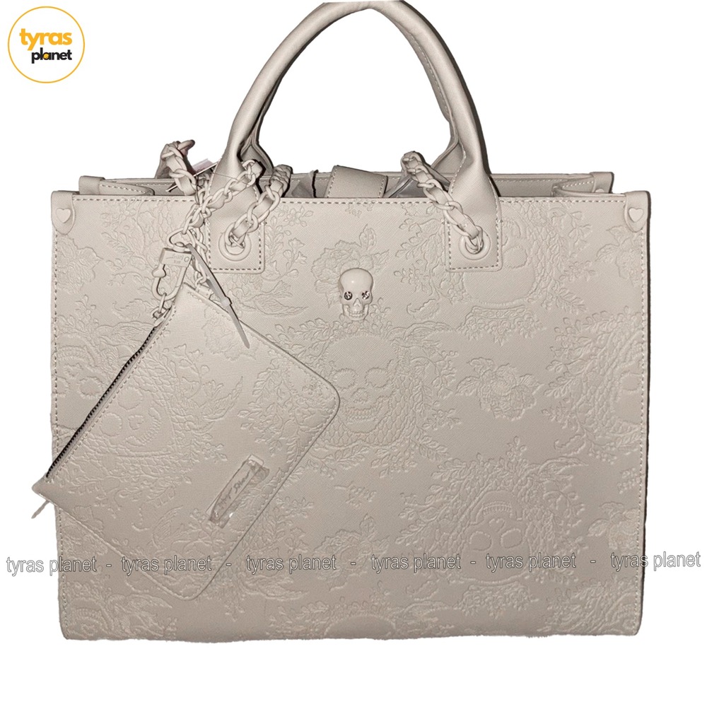 Betsey Johnson Xokiara2 Embossed Tote Bag White Skulls Halloween Satchel Purse